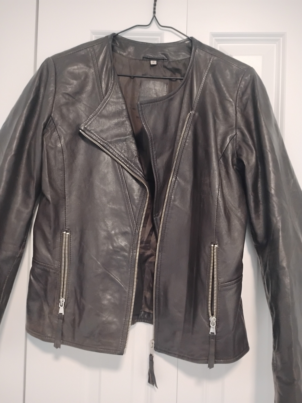 Womens Collarless Dark Charcoal Shade Leather Jacket